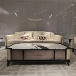 Rectangular Coffee Table with Marble-Effect Top and Natural Wood Veneer Detailing